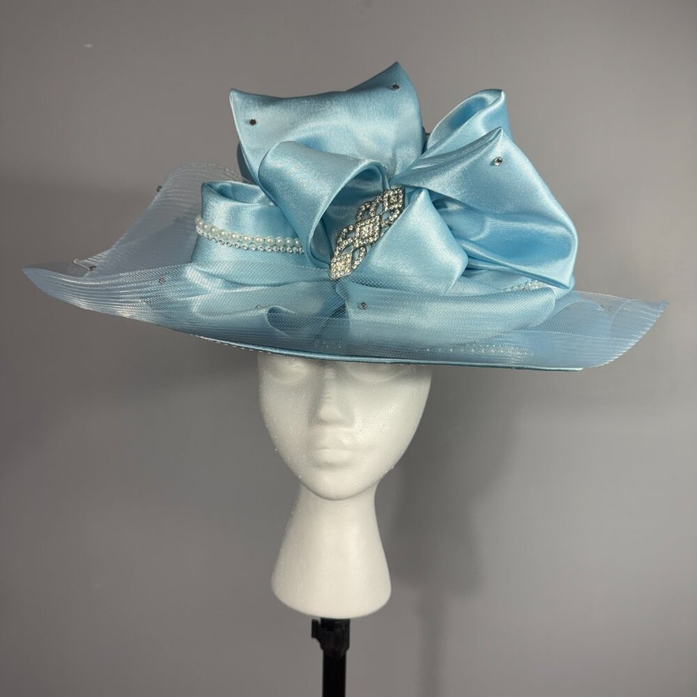 Sky blue KENTUCKY DERBY or CHURCH LADY HAT w/ front bow and embellishments - Picture 3 of 11